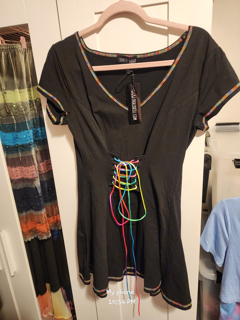 Carmilla Noir Black Dress with Multicolor Trim and Lace-Up Front
